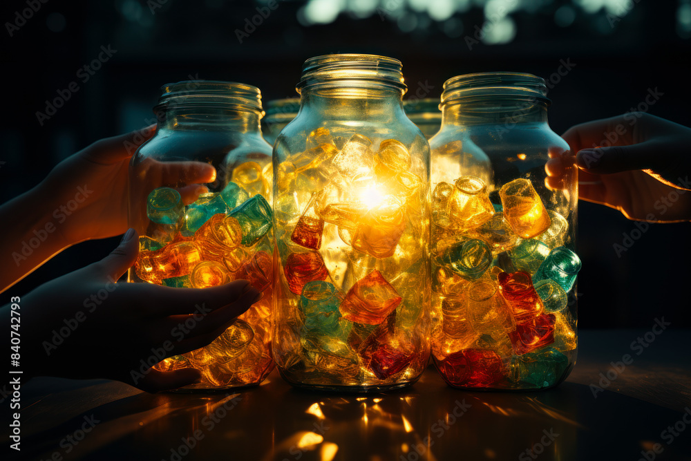 Glass Jars Filled With Colored Glass At Dusk. Three glass jars filled with colorful glass pieces are lit from within, creating a warm glow at dusk. The jars are arranged in a row on a wooden table. Glass Jars Filled With Colored Glass At Dusk. Three glass jars filled with colorful glass pieces are lit from within, creating a warm glow at dusk. The jars are arranged in a row on a wooden table.