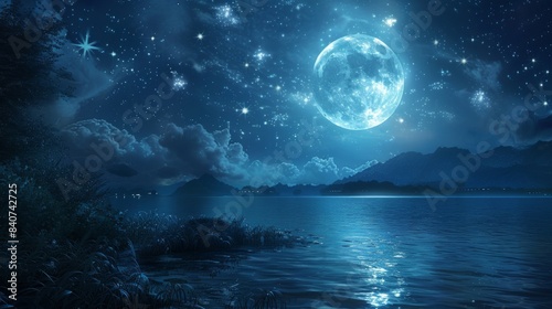 A serene lake at night with a bright moon reflecting on the water