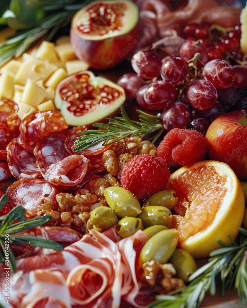 A close-up of a beautifully arranged charcuterie board with cheeses, meats, fruits, and nuts, shot with a macro lens for detailed presentation A close-up of a beautifully arranged charcuterie board with cheeses, meats, fruits, and nuts, shot with a macro lens for detailed presentation