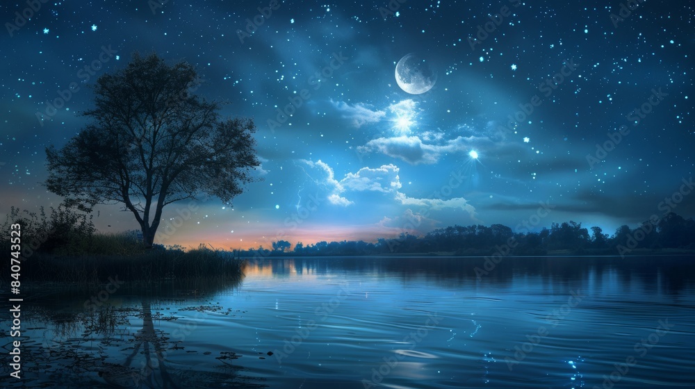 A beautiful night sky with a large moon and stars A beautiful night sky with a large moon and stars