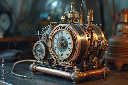Vintage copper-colored device, time traveling device that accidentally transports its inventor