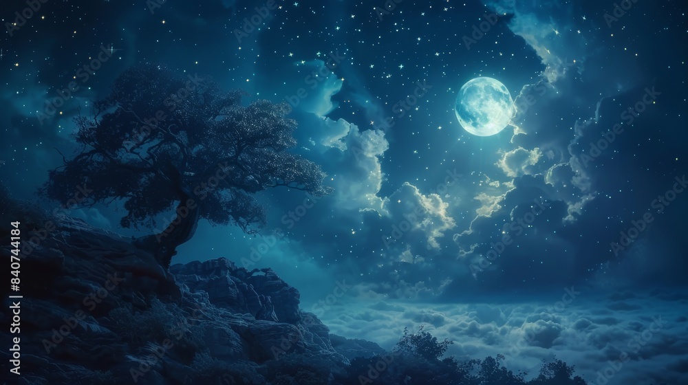 Fototapeta premium A moon is shining on a lake in the woods