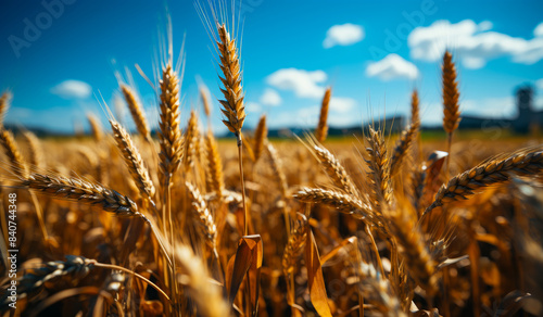 Golden Wheat Field Under Sunny Skies. Golden wheat stalks in a field, bathed in sunlight with a bright blue sky and fluffy white clouds in the background.