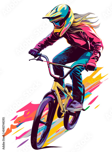 Female BMX freestyle rider , colorful illustration over isolated white transparent background. Summer Olympics