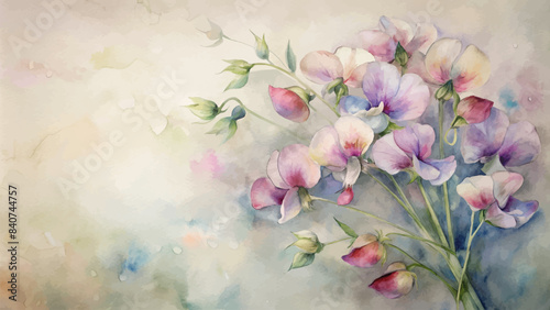 Vintage sweet peas flower watercolor background