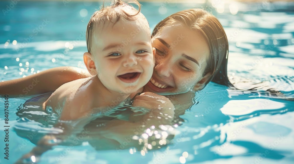 mom and smiling baby in swimming pool. mom and smiling baby in swimming pool.