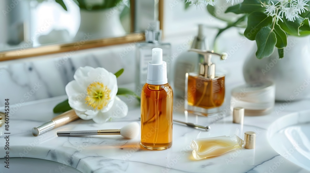 Elegant Retinol Skincare Vanity Setup with Flowers and Luxury Cosmetic Tools Elegant Retinol Skincare Vanity Setup with Flowers and Luxury Cosmetic Tools