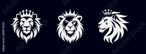 majestic crowned lion trio logo, minimalistic lion heads with crowns design