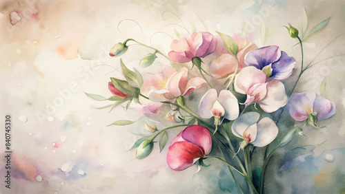 Vintage sweet peas flower watercolor background