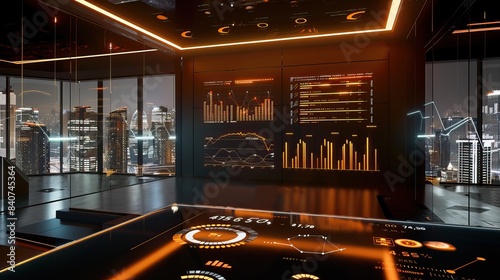 Abstract illustration with the concept of a future office for design. Office interior with holographic graphs, diagrams and city view. Futuristic background.