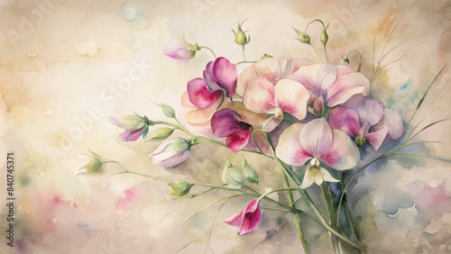 Vintage sweet peas flower watercolor background