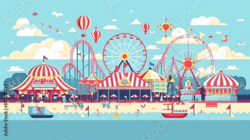 Vibrant, festive carousel ride, Carnival design with a variety of attractions, including a ferris wheel and roller coaster
