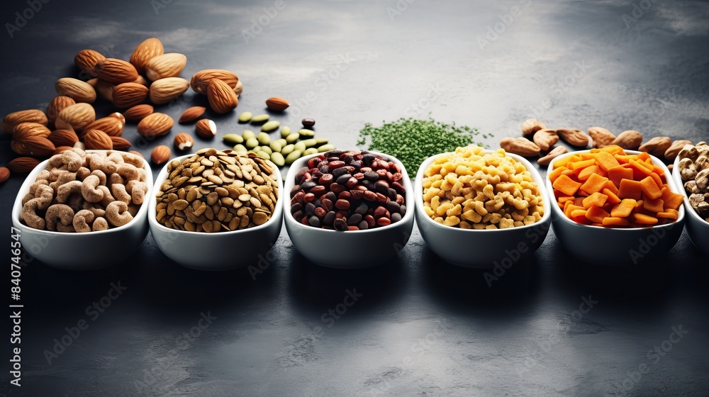 Assorted Nuts and Dried Fruits in Bowls on Dark Background for Healthy Snack Concept Assorted Nuts and Dried Fruits in Bowls on Dark Background for Healthy Snack Concept