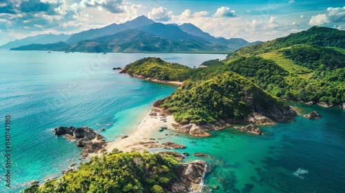 Breathtaking coastal landscape featuring lush green mountains rising above a pristine turquoise bay,perfect for nature enthusiasts and travelers seeking a tranquil escape.