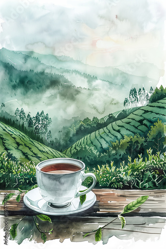 A watercolor painting of a teacup set on a wooden table amidst the nature of a tea plantation.