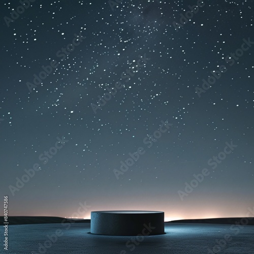 A minimalist product shot featuring a podium at the center of the image, set against a starry night sky background for a cosmic and serene feel.
