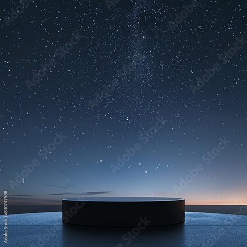 A minimalist product shot featuring a podium at the center of the image, set against a starry night sky background for a cosmic and serene feel.