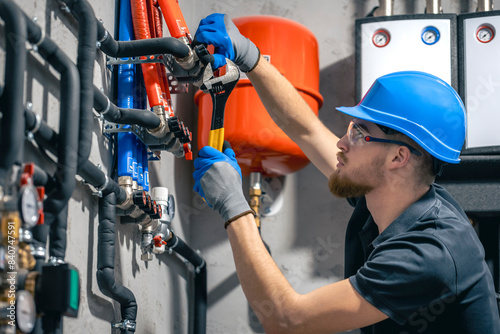 A man installs a heating system in a house and checks the pipes with a wrench. photo