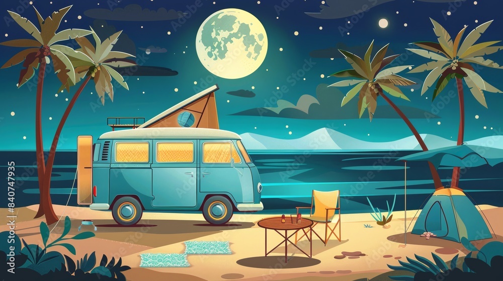 Flat vector illustration of vintage camper van in beautiful beach in ...