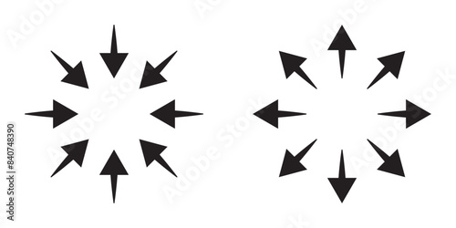 Symbol of expansion and contract, inward and outward arrows in circular, black and white vector illustration on white background in eps 10.