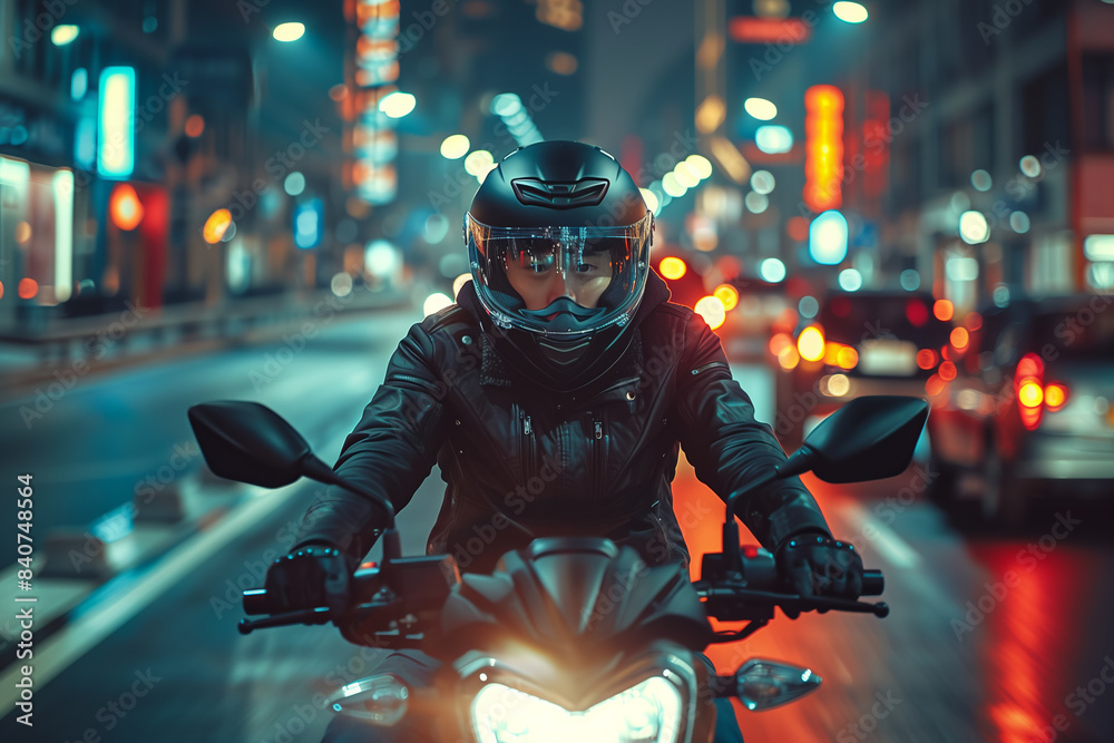 Asian man wearing a helmet drives a motorcycle in the city at night. Asian man wearing a helmet drives a motorcycle in the city at night.