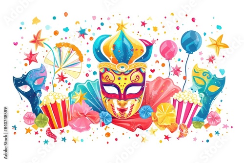 Colorful party masks and fireworks, Illustrate a vibrant carnival scene with rides and attractions