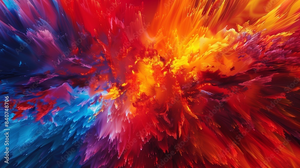 A dynamic explosion of fiery reds, oranges, and yellows, contrasted with cool blues and purples, capturing the essence of a chaotic yet beautiful abstract firestorm. A dynamic explosion of fiery reds, oranges, and yellows, contrasted with cool blues and purples, capturing the essence of a chaotic yet beautiful abstract firestorm.