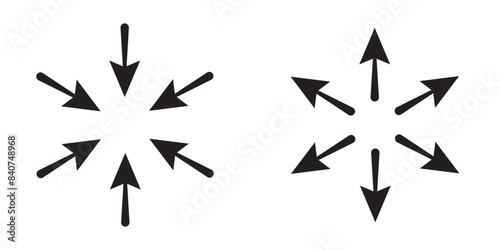 Symbol of expansion and contract, inward and outward arrows in circular, black and white vector illustration on white background in eps 10.