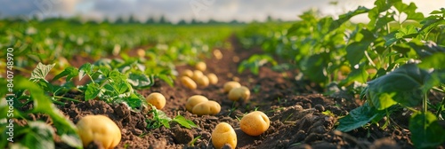 Potatoes lying in the field during the harvest photo