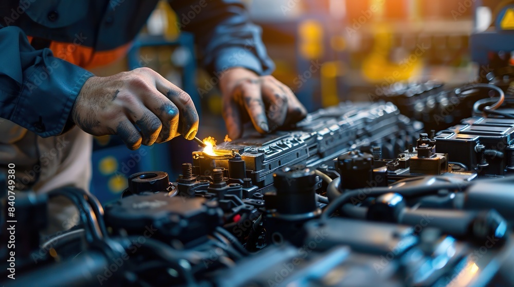 The hands of a car mechanic technician wearing gloves are seen at work repairing an electric battery in a workshop The hands of a car mechanic technician wearing gloves are seen at work repairing an electric battery in a workshop