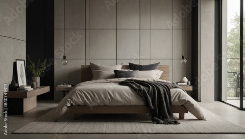 Generate a modern bedroom with clean lines, minimalist decor, and a neutral color palette