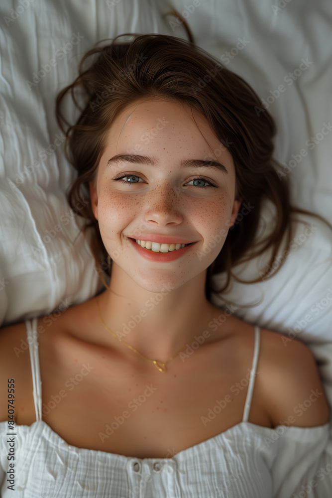 Caucasian woman lying on bed and smiling looking at camera.