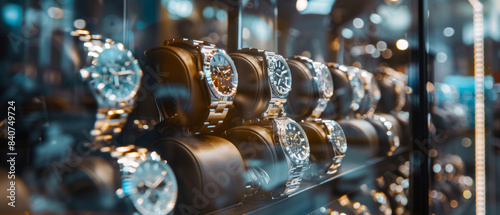 A close-up view of a display case filled with various luxury wristwatches, reflecting elegance and sophistication under the store lights.