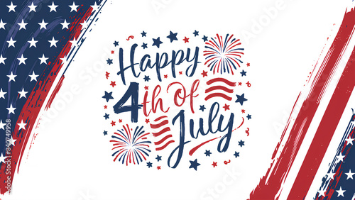 Happy 4th of July typography design with vertical American flag brush stroke on both sides, vector illustration