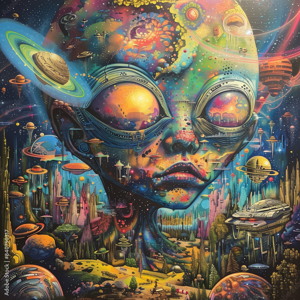 Obraz premium Psychedelic Alien Head with Cosmic Elements