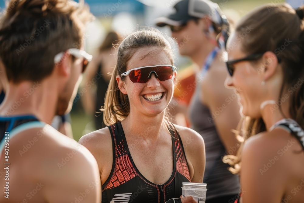 Triathletes Socializing and Celebrating Post-Race at Sports Event Venue Triathletes Socializing and Celebrating Post-Race at Sports Event Venue