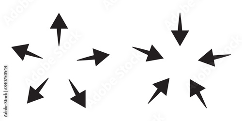 Symbol of expansion and contract, inward and outward arrows in circular, black and white vector illustration on white background in eps 10.