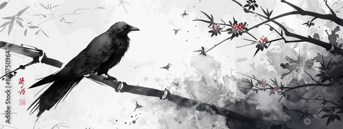 Ink Wash Painting of Raven with Bamboo and Cherry Blossoms