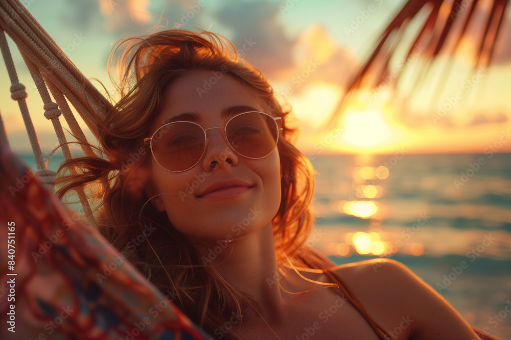 Caucasian woman lying in a hammock at sunset on a tropical beach. Caucasian woman lying in a hammock at sunset on a tropical beach.