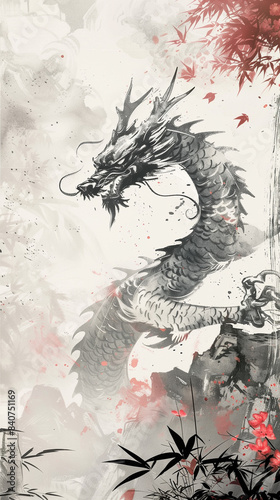 Ink Wash Painting of Chinese Dragon with Bamboo and Cherry Blossoms