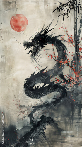Ink Wash Painting of Chinese Dragon with Bamboo and Cherry Blossoms