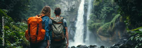 Rear view of young men and women carrying backpacks to waterfall tourism. © S photographer