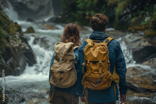 Rear view of young men and women carrying backpacks to waterfall tourism. © S photographer