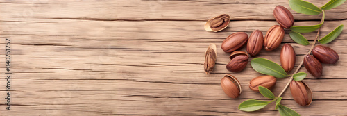 Jojoba nuts with green leaves on wooden background. Banner with copy space photo