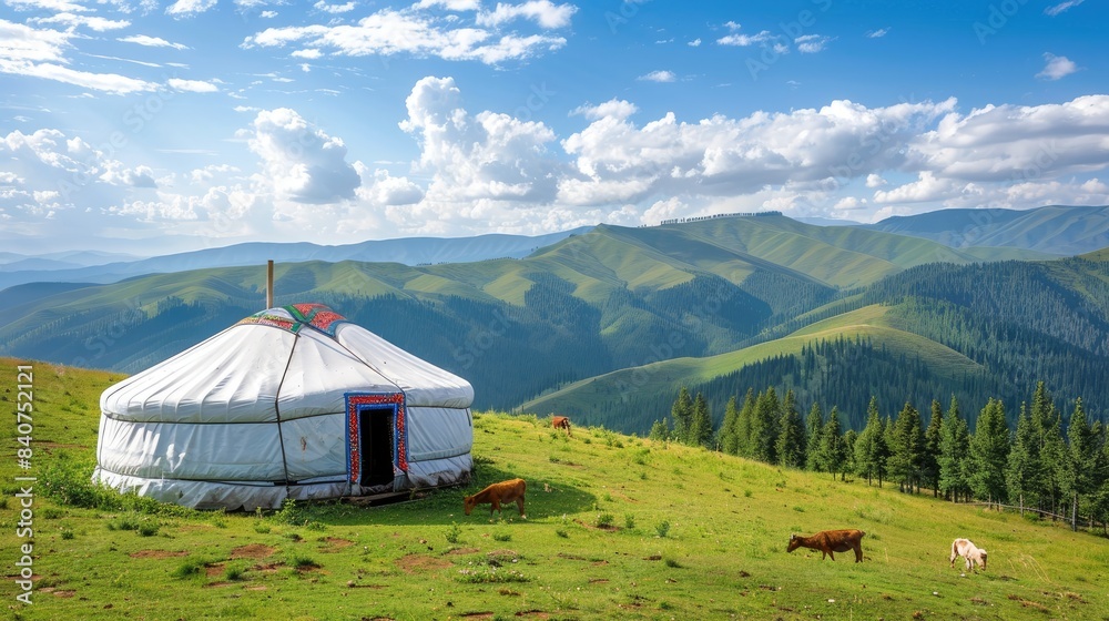 a yurt in the grassland, on a green meadow with a blue sky and white clouds. A traditional Kazakh yurt building among mountains and forest.