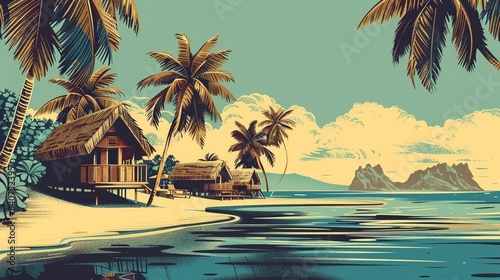 Vector illustration of beautiful scenic landscape of tropical sea beach.