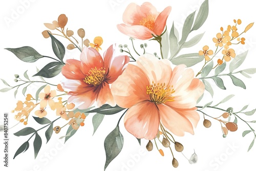 Delicate peach-colored blooms, green foliage, Delicate and enchanting vector design of a floral bunch, perfect for a white background © SaroStock