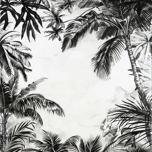 Seamless Border Hand Drawn Black and White Lithography Illustration Retro Style Design. Tropical wallapaper. AI generated illustration