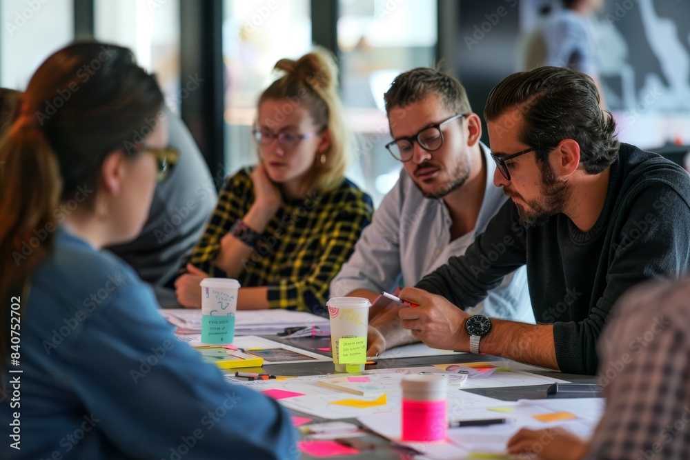 Collaborative Design Team Brainstorming User Experience Solutions Around a Workspace Table Collaborative Design Team Brainstorming User Experience Solutions Around a Workspace Table