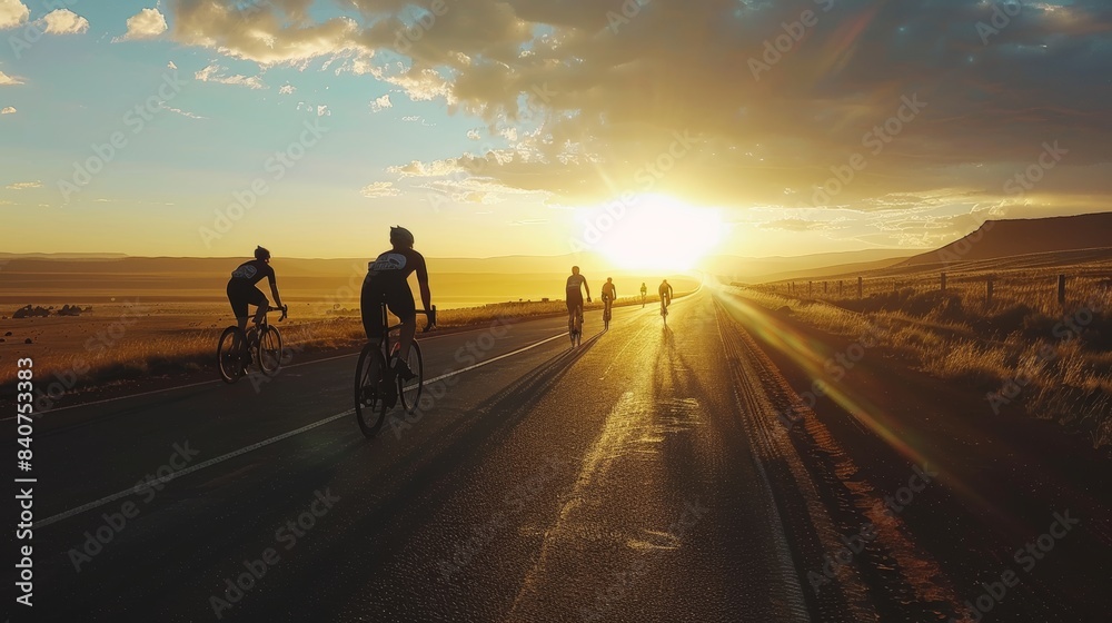 Fototapeta premium Triathletes Cycling at Sunrise on Open Road with Stunning Sky for Early Morning Dedication Concept